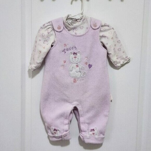 Vtg Koala Baby Girls 3-6 Months Fleece Cuffed Bear Overalls Matching Bodysuit - Picture 1 of 4